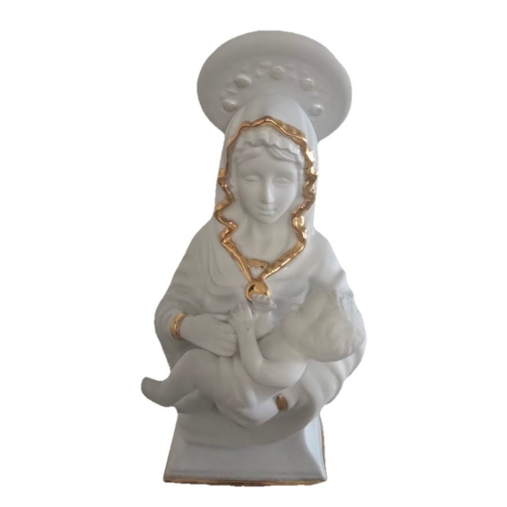 Vintage Madonna and Child White Porcelain Figurine Gold Trim‎ Virgin Mary 7"